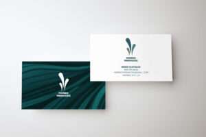 Business card design for Morro Mermaids, a local artisan business in Morro Bay, California, featuring a minimalist logo with a splash design and deep ocean-inspired colors.