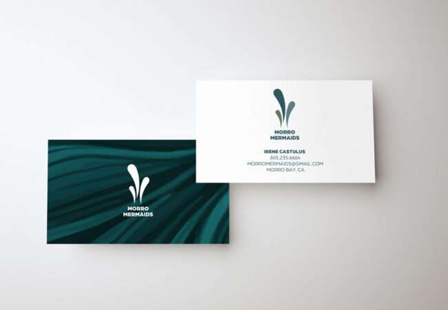 Business card design for Morro Mermaids, a local artisan business in Morro Bay, California, featuring a minimalist logo with a splash design and deep ocean-inspired colors.