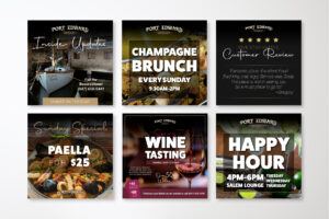 Collection of six restaurant social media post designs featuring events and promotions like champagne brunch, wine tasting, happy hour, and special menu items.