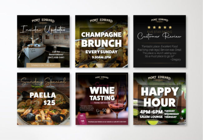 Collection of six restaurant social media post designs featuring events and promotions like champagne brunch, wine tasting, happy hour, and special menu items.