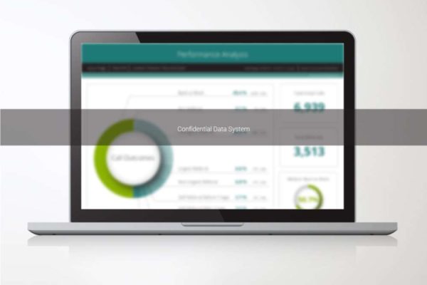 A laptop screen displaying a blurred performance analysis dashboard, labeled as "Confidential Data System," with graphs and key metrics partially visible. Represents expertise in graphic design, information design, and infographics for secure data visualization.