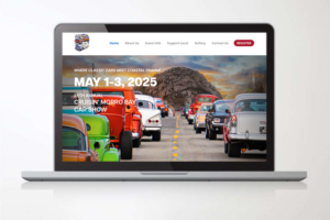 Homepage of the Morro Bay Car Show website displayed on a laptop, showcasing classic cars lined up on a scenic road with Morro Rock in the background.